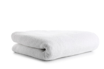 Clean folded towel isolated on white background, closeup