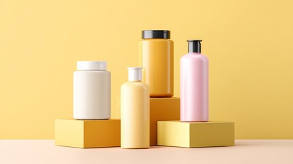 Yellow and pink cosmetic containers on matching background for skincare branding advertising modern design visuals and promotional product composition