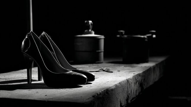 High heel shoe with vintage perfume bottles in dramatic black background for luxury fashion product branding and advertising promotional visuals