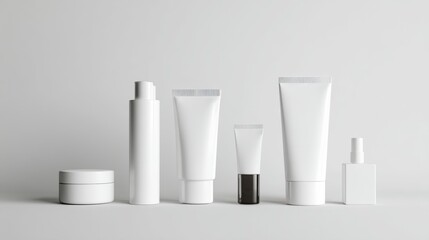 Assorted white cosmetic tubes and jars arranged in clean composition for beauty product branding and skincare packaging mockups