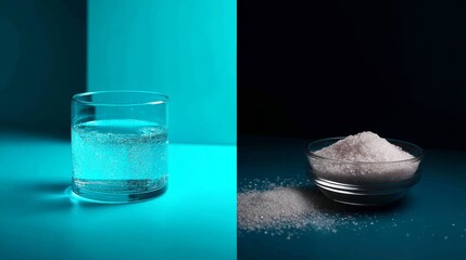 Split-color skincare composition with water glass and powder for health supplement advertising or wellness branding visuals