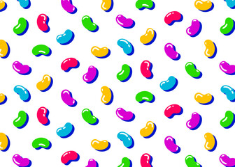 Seamless pattern with colorful hand-drawn jelly beans. Fun candy background for wrapping paper, fabric, posters, party design, and kids illustrations.