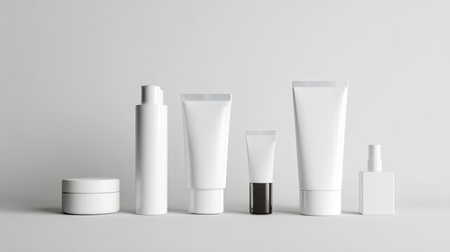 Assorted white cosmetic tubes and jars arranged in clean composition for beauty product branding and skincare packaging mockups