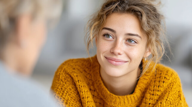 Teen and therapist engaged in conversation in sunlit room for emotional wellness and support