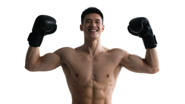 A confident muscular man in boxing gloves displays his well-defined physique, showcasing strength and fitness. - Powered by Adobe