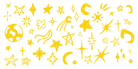 Crayon stars and moon vector set. Magical golden sky doodles with cosmic kids motif. Wax pencil or chalk texture elements. Grunge hand-drawn shapes collection on transparent background.