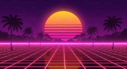 Retro Wave Landscape with Palms, Sun, and Grid - A Nostalgic Journey