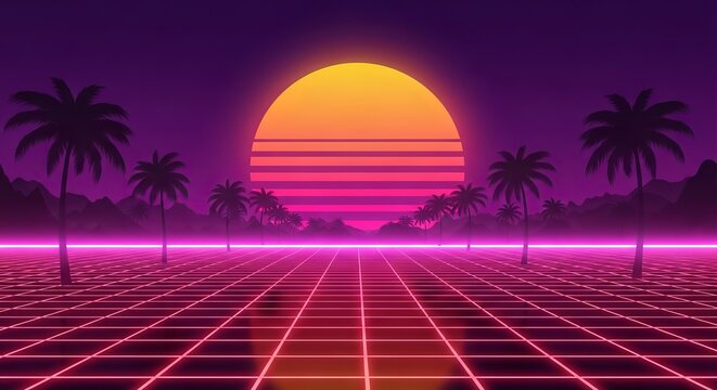 Retro Wave Landscape with Palms, Sun, and Grid - A Nostalgic Journey
