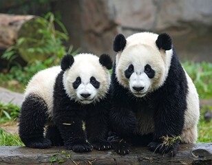 A heartwarming portrait of two adorable pandas, showcasing their fluffy fur and captivating black and white markings in a natural setting