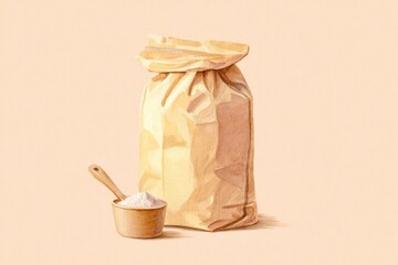 watercolor illustration of flour bag with small scoop, pastel cream background, minimal baking art
