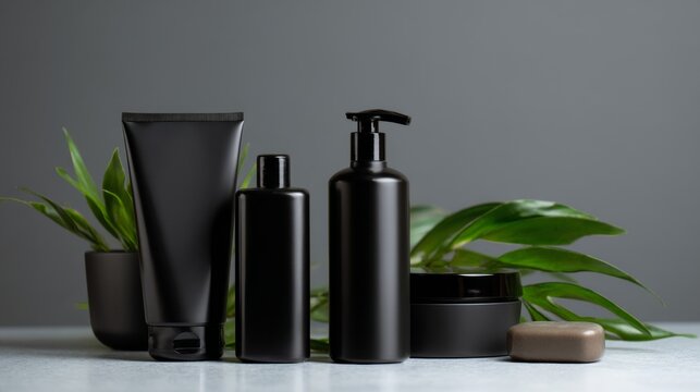 Set of black skincare bottles with tropical leaves on gray background for luxury grooming branding, cosmetic packaging or product visuals
