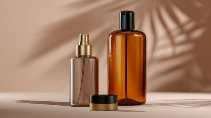 Naklejka premium Brown and amber skincare bottles with shadows for cosmetic product branding packaging visuals advertising design and elegant minimalist composition scene