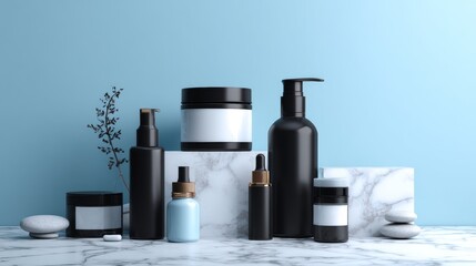 Marble surface with assorted black cosmetic packaging and skincare containers for luxury product branding, minimalist presentation or wellness visuals