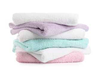 Stack of different clean towels isolated on white background, closeup