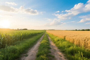 A sunny country road flanked by green corn fields and golden wheat fields under a clear blue sky with some clouds.