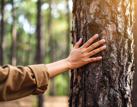 Person's Hand Touching Rough Textured Tree Bark Against Green Forest Background and Sunlight