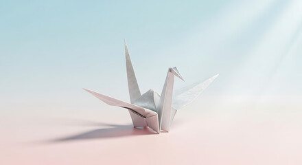 Origami paper crane isolated on clean pastel background, Japanese minimalist aesthetic