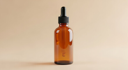 Empty amber glass bottle with dropper, isolated on beige background, skincare mockup