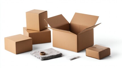 Fototapeta premium Open cardboard boxes with packing paper on pastel background