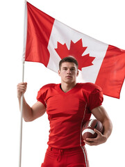 A Canadian football player in red uniform holding national flag and football, showcasing sportsmanship and national pride.