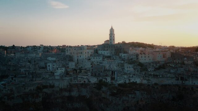Aerial Drone View of Matera City at Sunset in Puglia Italy