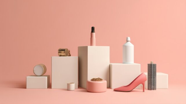 Feminine flatlay with beauty products on pastel podiums