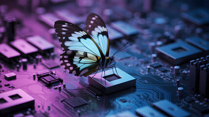 A delicate butterfly with intricate wings rests on a glowing computer microchip on a circuit board, symbolizing the fusion of nature and technology.