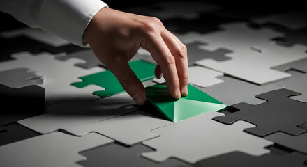 Hand Placing Green Puzzle Piece