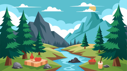 A picturesque picnic by a babbling brook nestled between rugged boulders and towering pine trees.