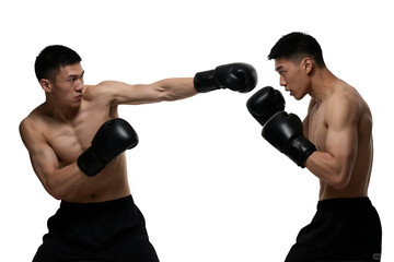 Two boxers in black gloves are engaged in a boxing match, showcasing physical combat and athleticism.