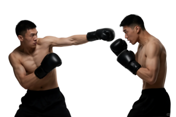Two boxers in black gloves are engaged in a boxing match, showcasing physical combat and athleticism.