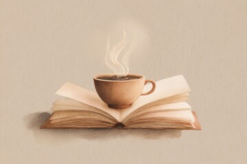 watercolor illustration of open book with coffee cup on top, pastel beige background, minimal cozy art