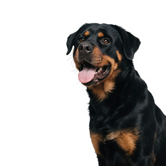 A Rottweiler dog with black and brown fur, open mouth showing tongue, looking alert and friendly.