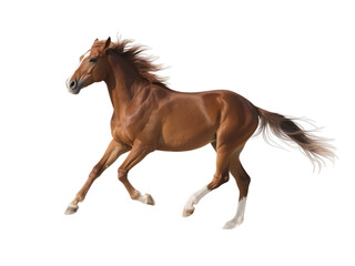 A brown horse is seen in full gallop, showcasing its dynamic movement and flowing mane.