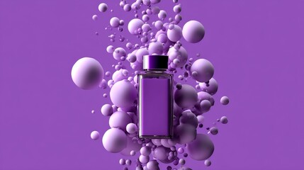 Purple perfume bottle with floating spheres for luxury fragrance branding and beauty product photography presentation scene composition visual setup