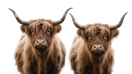 Two highland cows with shaggy coats and long horns are standing side by side in an outdoor setting.