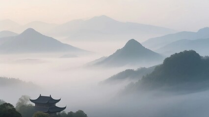 A picturesque scene of misty mountains with a traditional pavilion nestled in the foreground, creating a serene and tranquil atmosphere.