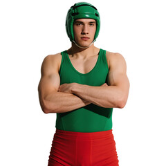 Male wrestler in green singlet and red shorts with arms crossed, wearing protective helmet, showcasing athletic build.
