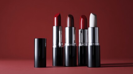 Obraz premium Lipsticks in red and pink tones on dark background for makeup product branding photography and cosmetics visual presentation concept scene setup