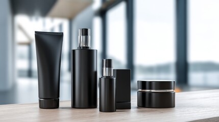 Obraz premium Black cosmetic containers on glossy surface with window light for elegant skincare product branding photography and packaging composition scene setup