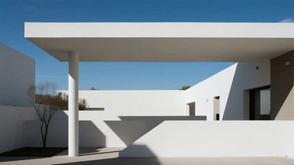 A modern white minimalist building with clean lines and open space, showcasing simple and elegant architectural design.