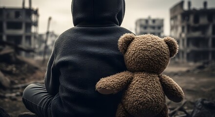 A solitary child, viewed from behind, clutches a worn teddy bear amidst the desolate ruins of a war-ravaged city, symbolizing the profound impact of conflict on childhood innocence and vulnerability