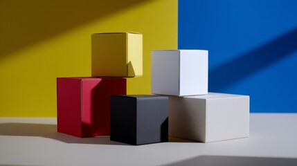 Obraz premium Colorful abstract geometric blocks on bold shadows for creative design product branding photography visual advertising composition background modern concept