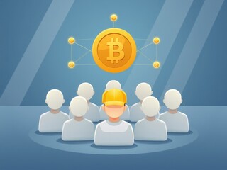 Golden bitcoin icon above stylized human figures