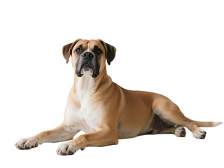 A boxer dog with brown and white fur is lying on the ground, looking calm and composed.