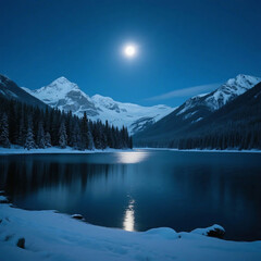 A serene moonlit scene of a snowy mountain lake surrounded by evergreen trees under a clear night sky.