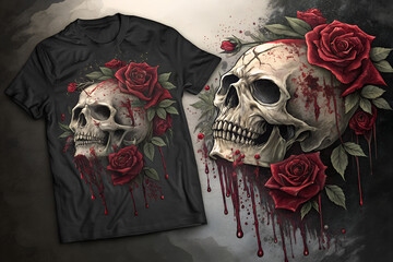 A realistic skull with red roses and dripping blood with black t-shirt Halloween design for print , vector art, illustration art 