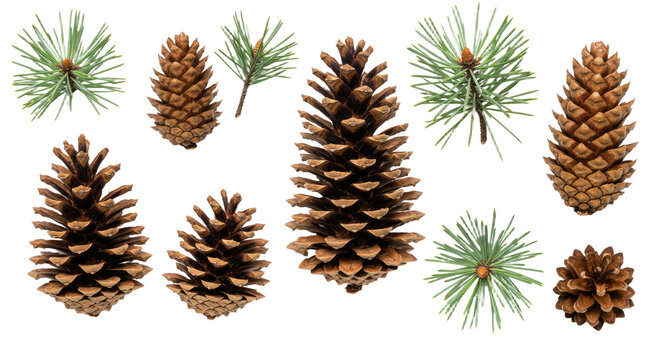 Collection of Pine Cones and Pine Needles on White Background 1.
