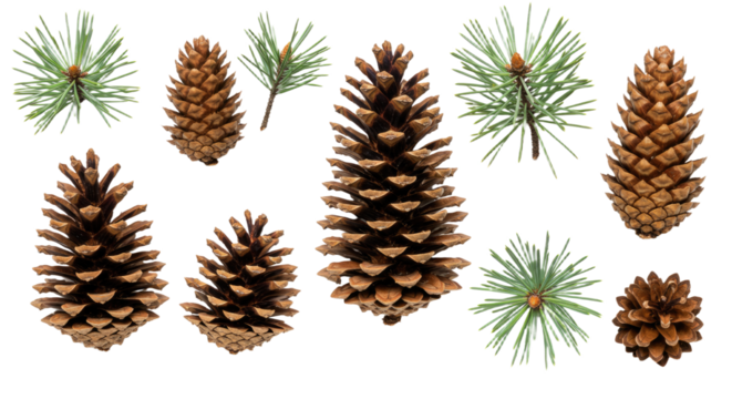 Collection of Pine Cones and Pine Needles on White Background 1.