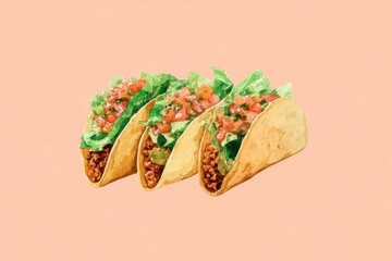 watercolor illustration of tacos with meat, salsa and lettuce, pastel peach background, minimal playful style